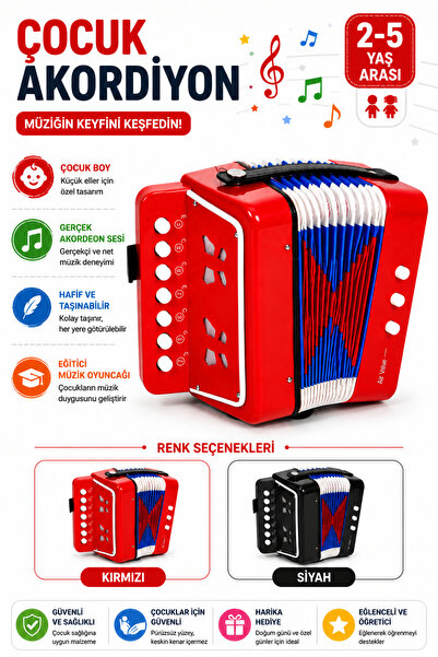 Furia Çocuk Akordiyonu 2-5 Yaş Küçük Boy Kırmızı Oyuncak Akordiyon Müzik Aleti