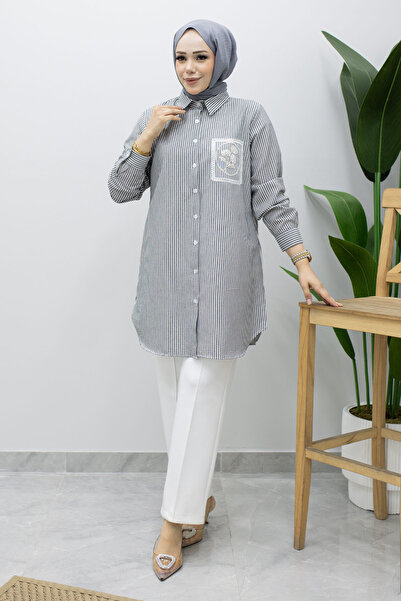 Tesettür Dünyası Striped Embroidered Detailed Shirt Tsd260241 Black