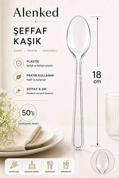 alenked Transparent Plastic Spoon 18 cm Pack of 50