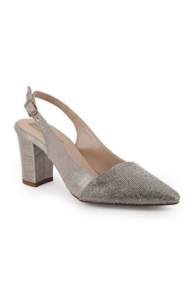 Libero Women's Silvery Heeled Shoes Pointed Toe Thick Heel Slingback Stylish ...