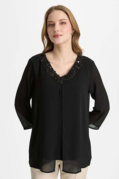 Mutlu Ertan V-Neck Sequin Blazer 30485-Black