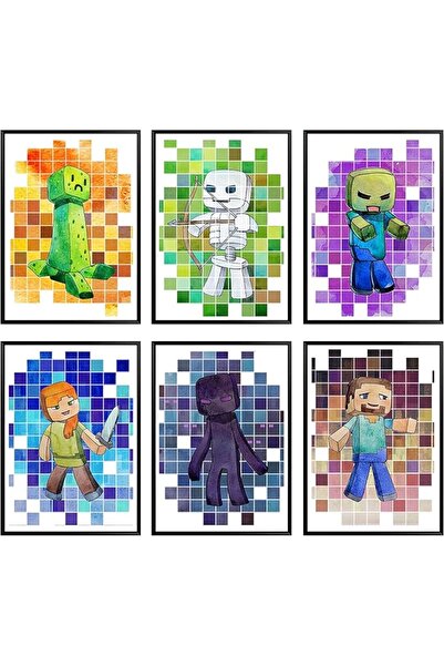 ESSESORIES Mining Fun Pixel Miner Unique Gaming Poster Wall Art Set of 6 Room...