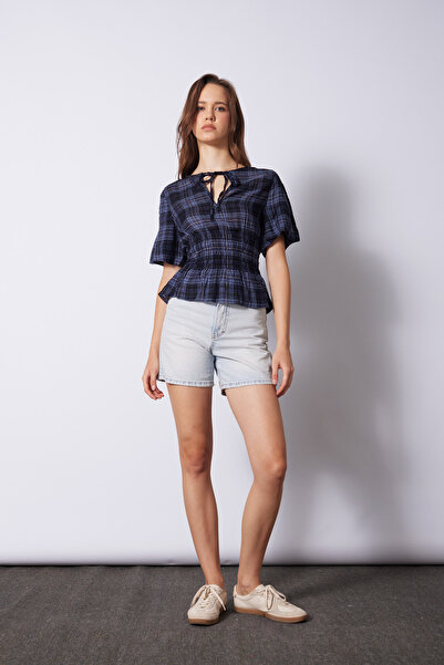 Nisan Plaid Pattern Balon Kol Bluz Indigo
