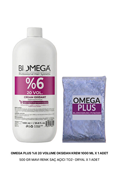 Omega Plus %6 20 Volume Oksidan Krem 1000 ml + 500 GR Mavi Renk Saç Açıcı Toz...