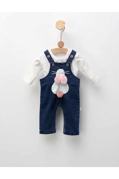 MiniKids Set salopeta de blug+bluza Iepuras, alb-albastru