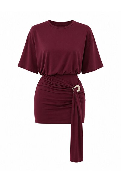 MYCPARL Loose Fit Bodycon Skirted Flowy Buckle Detailed Gathering Detail T-Sh...