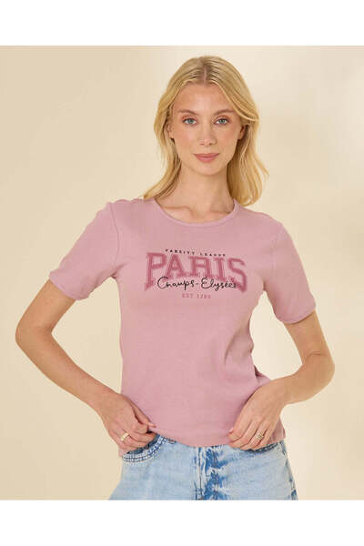 REDTAG Women's Pink Paris Graphic Print Rib T-Shirt