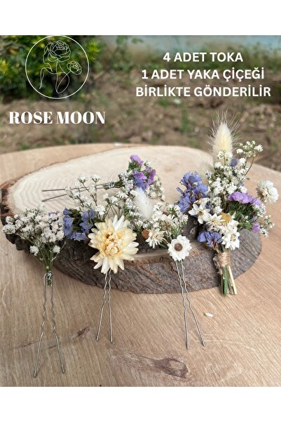 Tasarım ROSEMOON Gerçek Kuru Çiçek Saç Tokaları ve Yaka Çiçeği Set