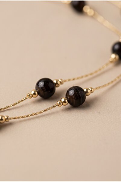 Mijja Natural Black Agate Stone Gold Color Lacquer Finish Tarnish Resistant E...