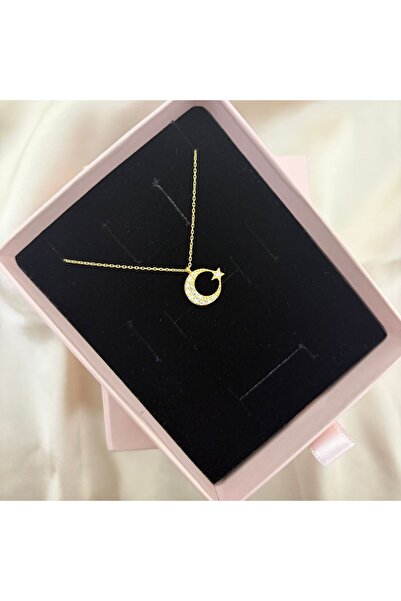 Lovera Jewellery 925 Ayar Gümüş Sertifikalı 14K Gold Renk Ay Yıldızlı Kolye
