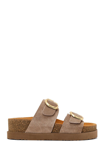 Derimod Women's Mink Double Buckle Thick Soled Suede Leather Slippers 26Sfd20...