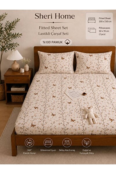 Sheri Home Lastikli Çarşaf Seti %100 Pamuk Yumuşak Dokulu-Kaymaz Tam Geçmeli Fitted Sheet –Premium Pamuk 120x200/ 180x200 / 200x200