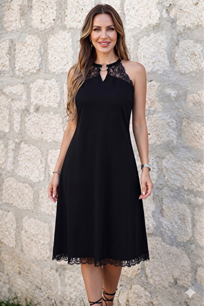 Viyamo New Season Women's Off-The-Shoulder Lace Midi Viscose Dress with Ring ...