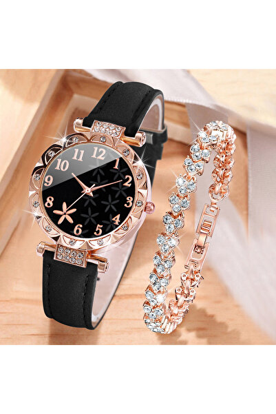Choice black 2pcs set 2PCS/Set Women Watches Rhinestone Heart Bracelet Set Fa...