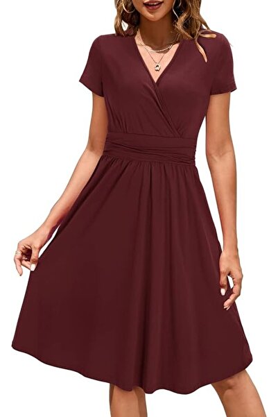 Dotail women's dress, V-neck, short sleeves, side pockets, defined waist, siz...
