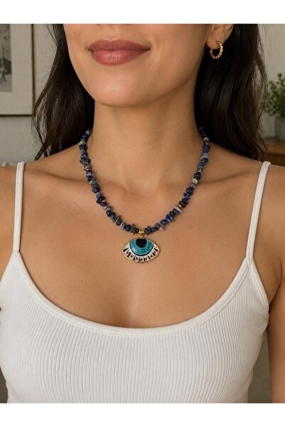 ZS Aksesuar Natural Sodalite Stone Evil Eye Pendant – Women's Necklace with B...
