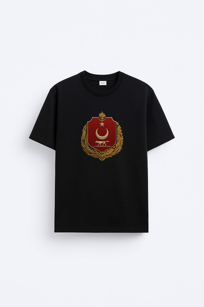 cesita Turkish Flag Bozkurt Printed Cotton Black T-Shirt