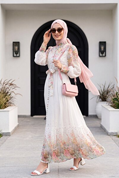 Modamorfo Button Detailed Patterned Lined Policotton Dress with Belt at the W...