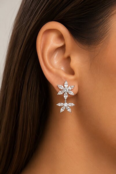 serelya Lotus Model Silver Color Zircon Stone Women's Earrings