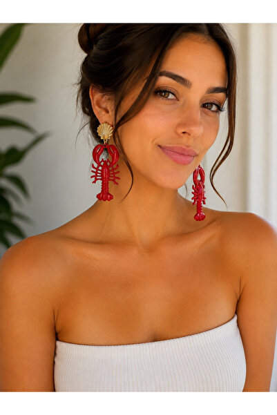 ZS Aksesuar Red Lobster Figured Seashell Earrings – Gold Sea-Themed Dangle Ea...