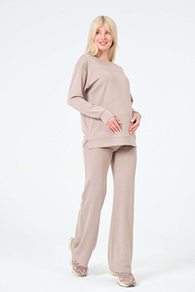BUSA Maternity Side Zipper Long Sleeve High Waist Wide Leg Soft Touch Tracksu...