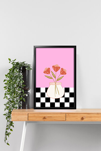 Erfa Concept Tek Parça MDF Tablo Siyah Ahşap Görünümlü Pembe Arka Planda Çiçe...