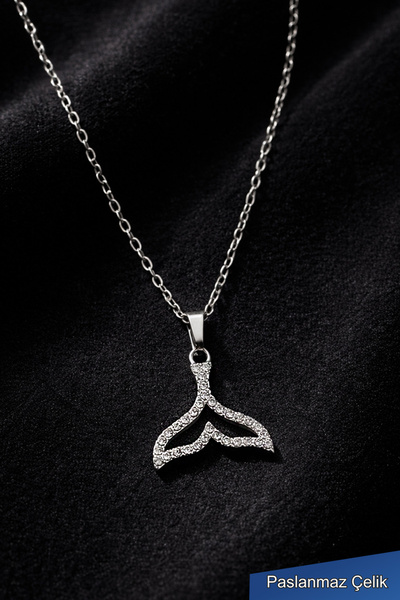 THE Steel Silver Women's Necklace with Zircon Stone Whale Tail Figure
