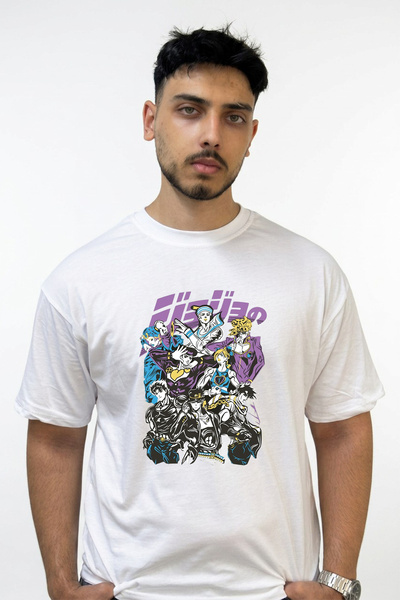 Anetos Jojo Characters Design Printed Oversize White T-Shirt