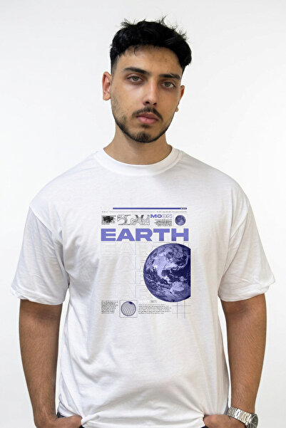 Anetos Planet Earth Design Printed Oversize White T-Shirt