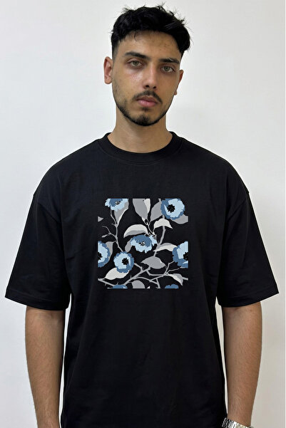 Anetos Flower Pattern Design Printed Oversize Black T-Shirt