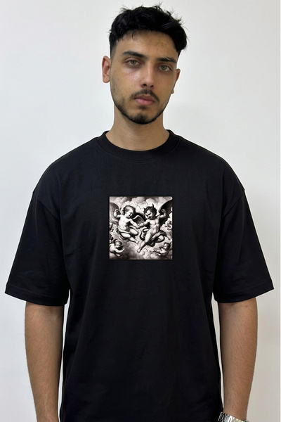 Anetos Melek Seytan_1 Design Printed Oversize Black T-Shirt