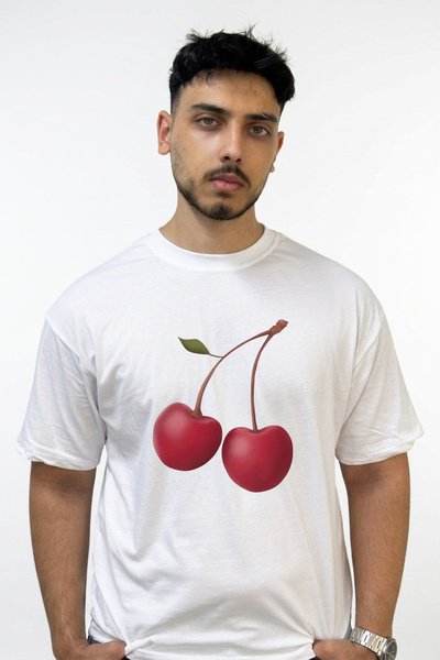 Anetos Red Cherry Design Printed Oversize White T-Shirt