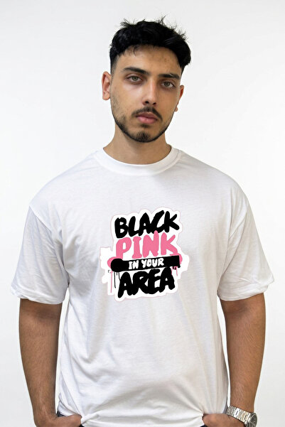 Anetos تي شيرت أبيض كبير الحجم مطبوع بتصميم Blackpink In Your Area