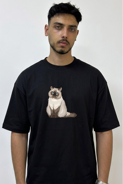 Anetos Ragdoll Cat_1 Design Printed Oversize Black T-Shirt