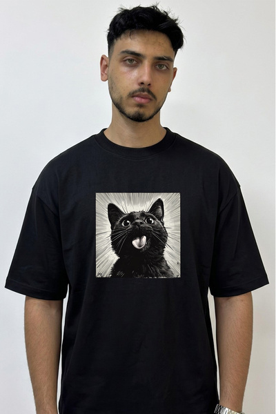 Anetos Cartoon Cat_3 Design Printed Oversize Black T-Shirt