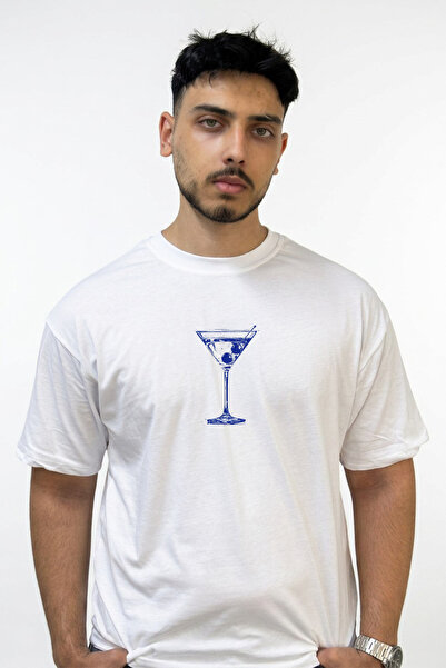 Anetos Martini Glass Design Printed Oversize White T-Shirt