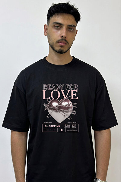 Anetos Blackpink Ready for Love Design Printed Oversize Black T-Shirt