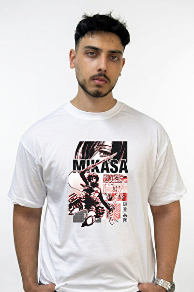 Anetos Λευκό μπλουζάκι με στάμπα Mikasa Design σε μεγάλο μέγεθος