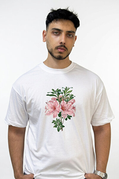 Anetos Pink Azalea Design Printed Oversize White T-Shirt