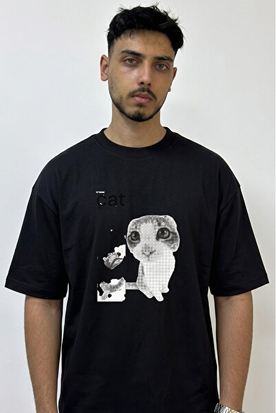 Anetos Halftone Cat Design Printed Oversize Black T-Shirt