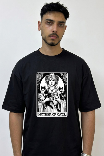 Anetos Mother of Cats Design Printed Oversize Black T-Shirt