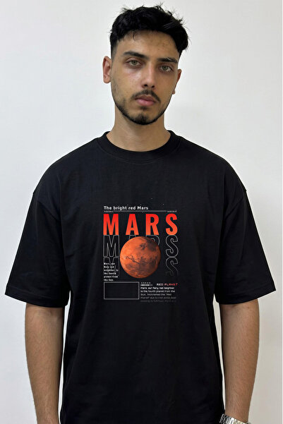 Anetos Mars Planet Design Printed Oversize Black T-Shirt
