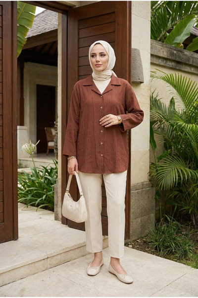 Kirazca Butik Women's Degaje Collar Crinkle Fabric Shirt