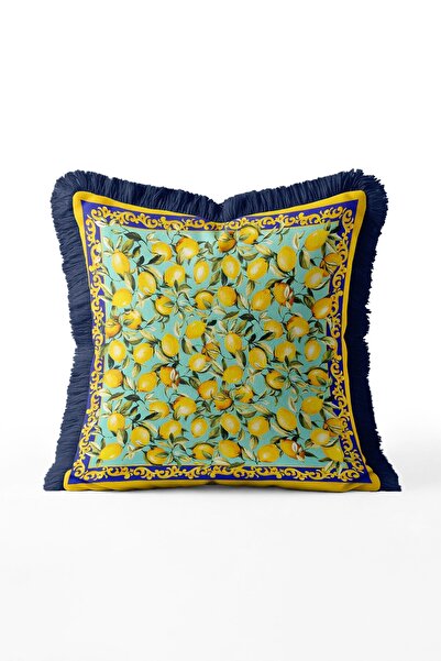 IdeCraft Mediterranean Lemon Patterned Botanical Fringed Throw Pillow Cover -...