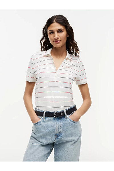 Tommy Hilfiger Kadın Düğme Kapama Kısa Kol %100 Pamuk Beyaz T-Shirt