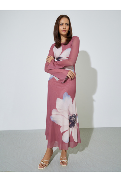 Styli Pink Floral Print Maxi Dress with Long Sleeves