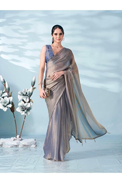PRASHA Blue & copper colored two tone chiffon saree with faux mirror embroide...