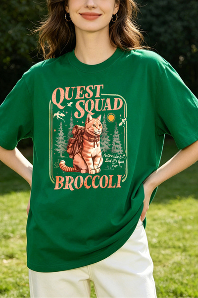 Fleck تي شيرت نسائي من Quest Squad Broccoli Cat Adventure بطباعة جرافيكية كاج...