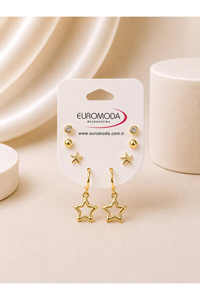 EUROMODA Yıldızlar Detaylı Gold Renk 4'lü Küpe Seti