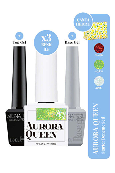 Aurora Queen Starter Deneme Seti 3 Simli Glitter Renk Kalıcı Jel Oje Base Top...